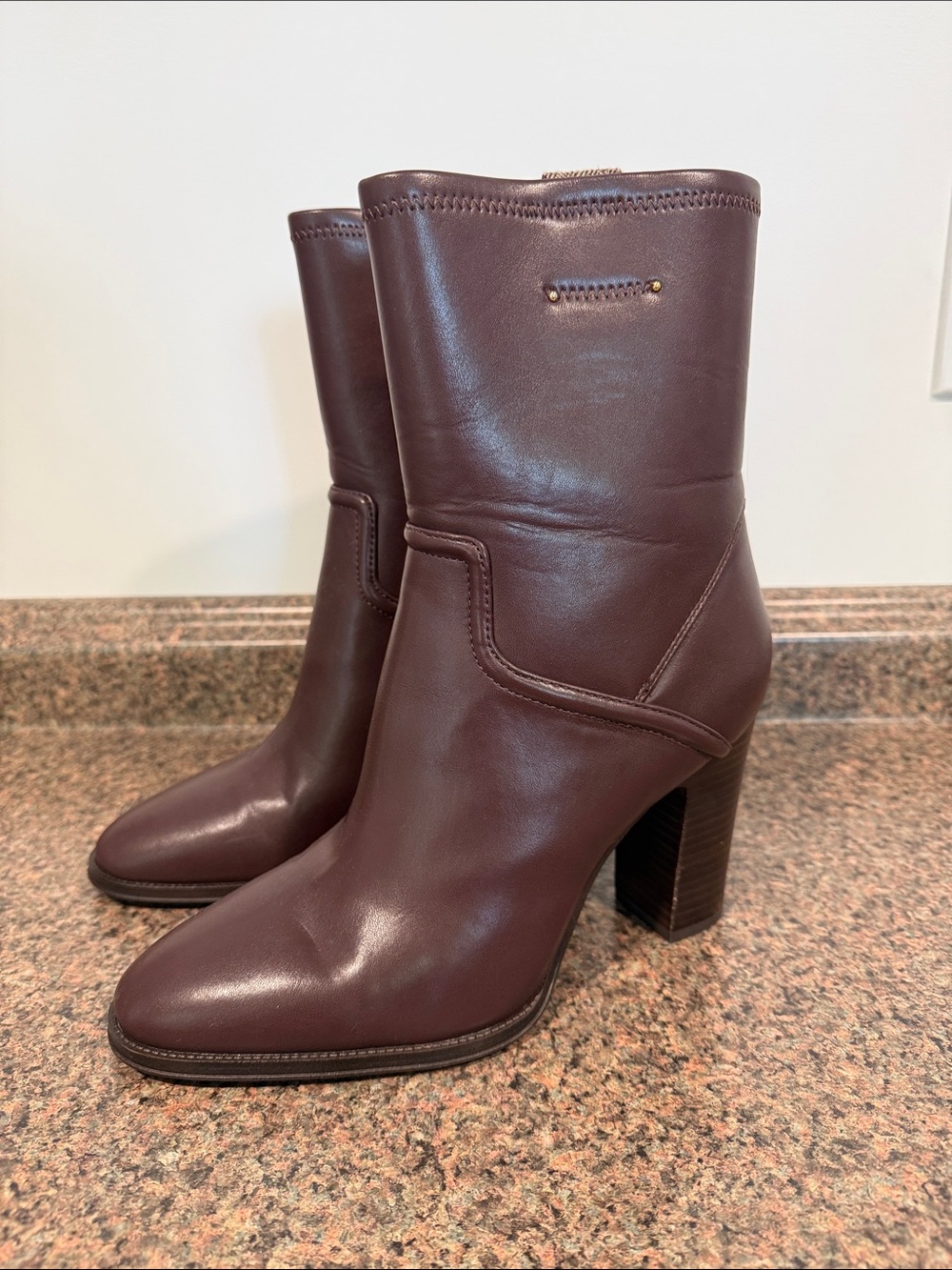 Franco Sarto Maroon Leather Mid-Calf Block Heel Boots